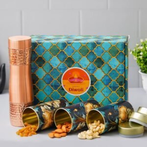 1 Copper Bottle (900ML) – 250gms each Almond, Cashew & Raisin in Tin Jar