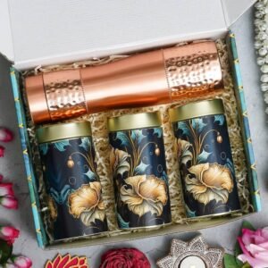 1 Copper Bottle (900ML) – 250gms each Almond, Cashew & Raisin in Tin Jar