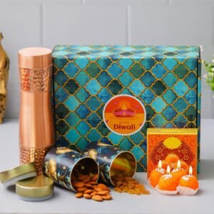 1 Copper Bottle (900ML) – 150gms each Almond & Raisin in Tin Jar – 4 Ladoo candle