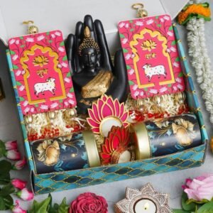 Hand Buddha – Pair of Shubh Labh Hanging, 2 Lotus Tealight – 150gms each Almond, Raisin in Tin Jar