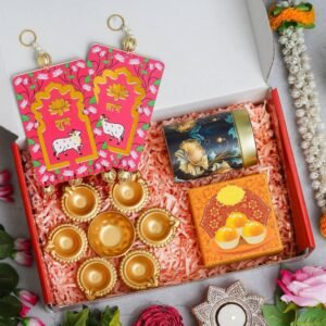 1 Metal Urli – 150gms Almond in Tin Jar – 4 Ladoo candle, Pair of Shubh Labh Hanging