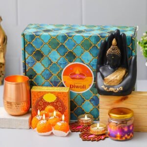Hand Buddha – 1 Copper Glass , 100gms Almond – 2 Lotus Tealight, 4 Ladoo Candles