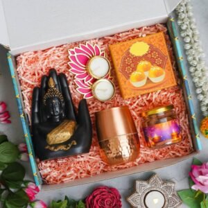 Hand Buddha – 1 Copper Glass , 100gms Almond – 2 Lotus Tealight, 4 Ladoo Candles