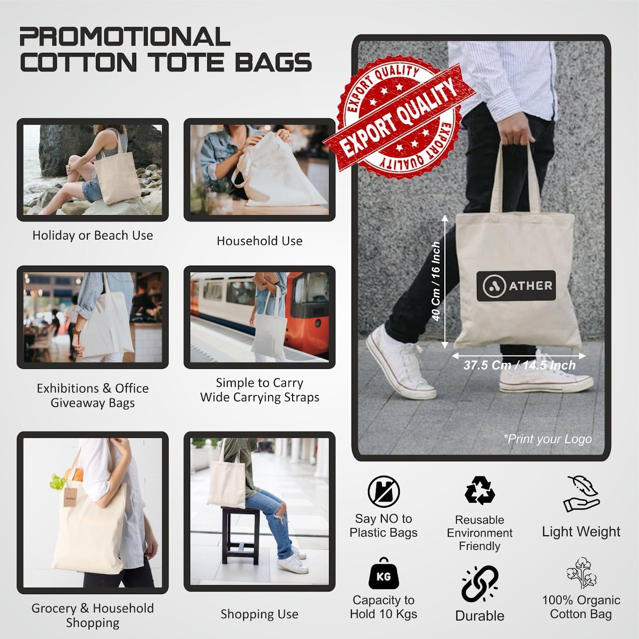 Cotton Tote Bag with Zipper - Image 2
